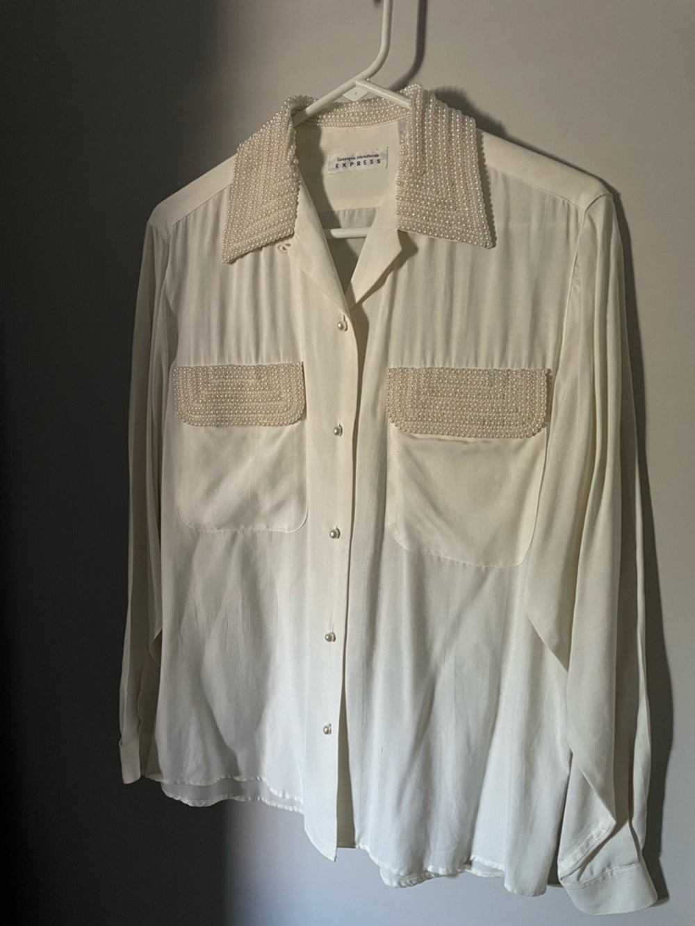 Pearl Beaded Collar Cream Button-Up Top